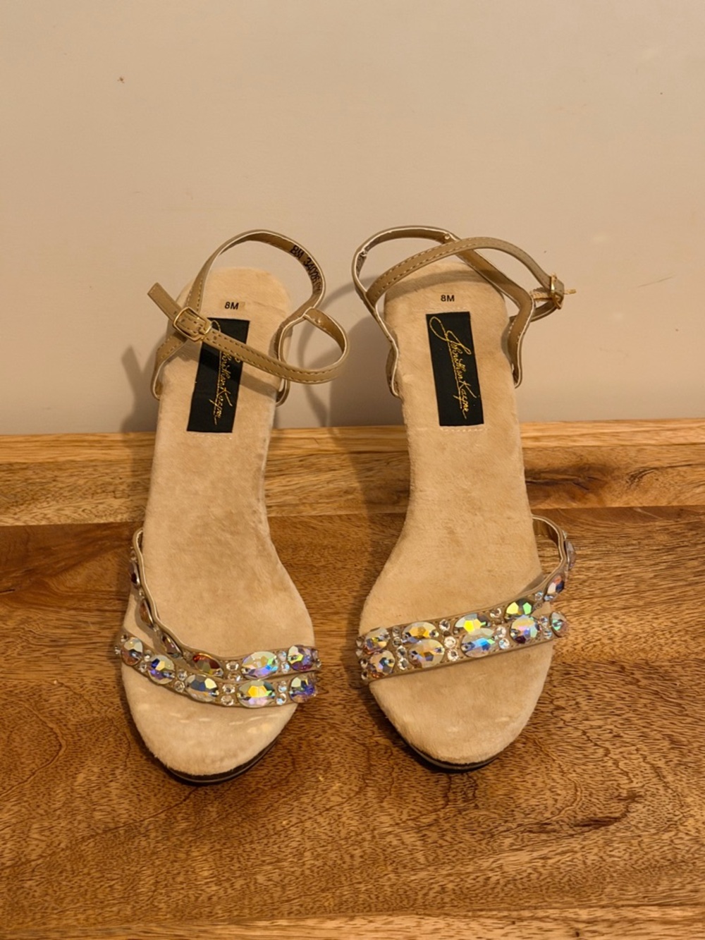 Johnathan Kayne Beige Strappy Heels with Iridescent Crystal Accents new size 8
